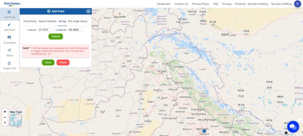 Add Waypoints with Latitude and Longitude - Make Routes for Military Aerial Planning- Through Bearing angle and Distance calculation - Online Route Compass