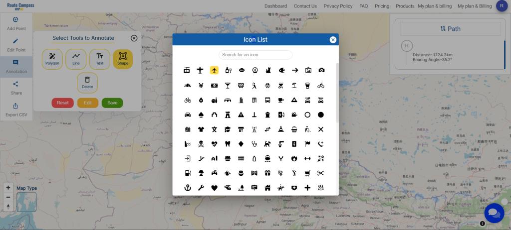 Include Icons with Annotations - Make Routes for Military Aerial Planning- Through Bearing angle and Distance calculation - Online Route Compass