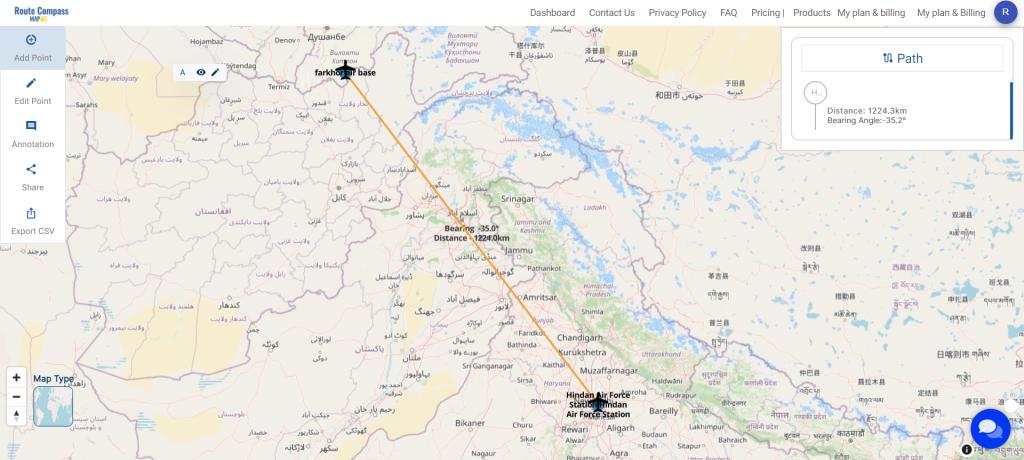 Result and Analysis - Make Routes for Military Aerial Planning- Through Bearing angle and Distance calculation - Online Route Compass