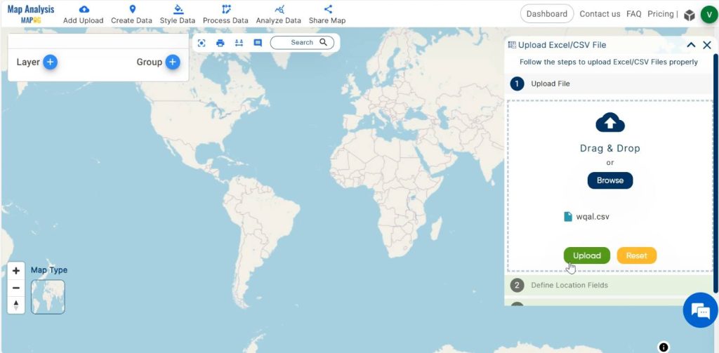 Upload Excel/CSV file-Create Map for Analyzing Water Quality