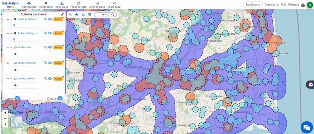 Map showing buffers with different colors - Create a Map to find suitable sites for constructing a new house