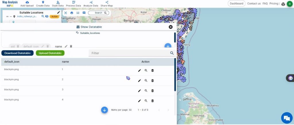 The data table - Create a Map to find suitable sites for constructing a new house