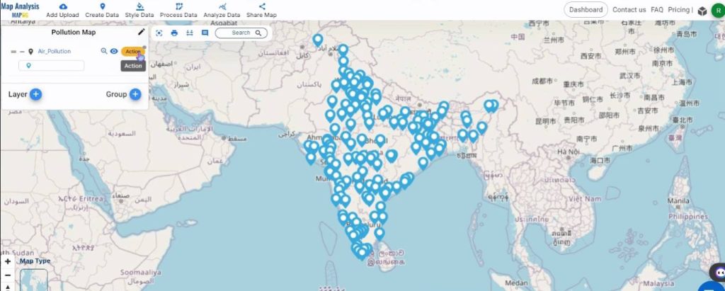 Click on the Action button - Create a Map to Identify Pollution Affected Regions