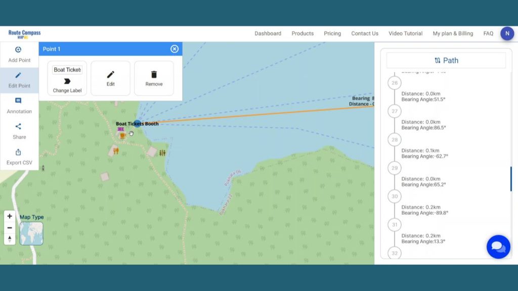 Off-road hiking route using bearing angle