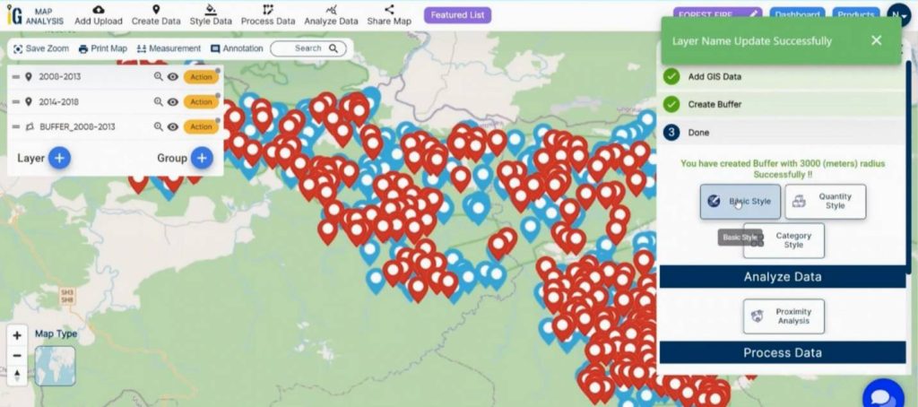 basic Style - Decade of Forest Fire Analysis with Buffer Tool