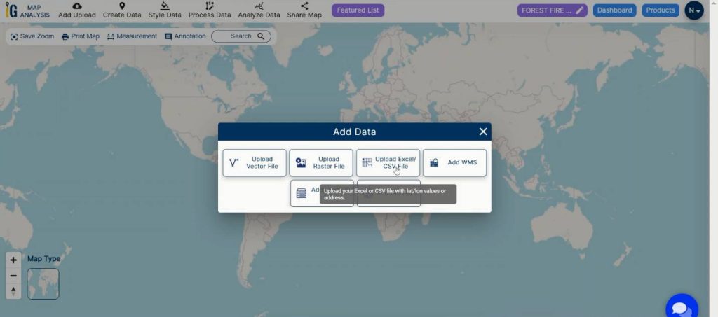 Upload excel/CSV file - Decade of Forest Fire Analysis with Buffer Tool
