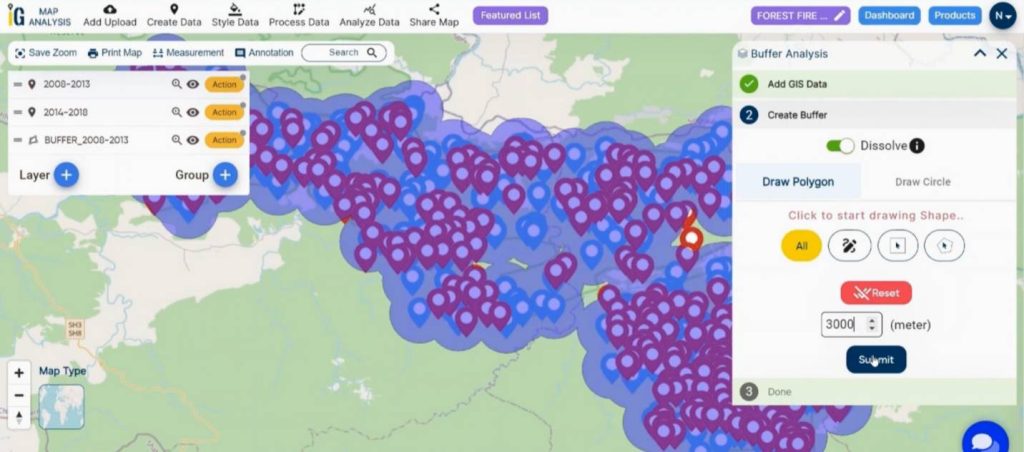 Submit Buffer - Decade of Forest Fire Analysis with Buffer Tool