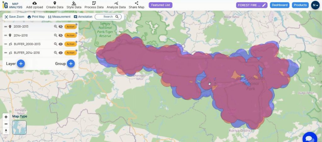 final results - Decade of Forest Fire Analysis with Buffer Tool