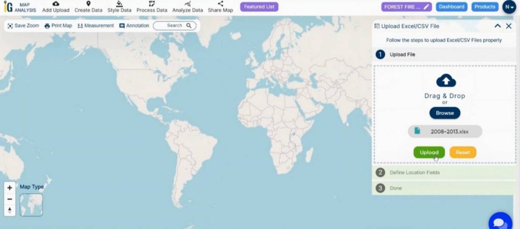 Upload Data - Decade of Forest Fire Analysis with Buffer Tool