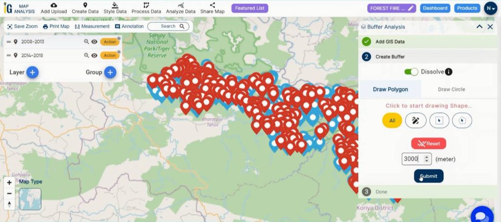 Submit Buffer - Decade of Forest Fire Analysis with Buffer Tool