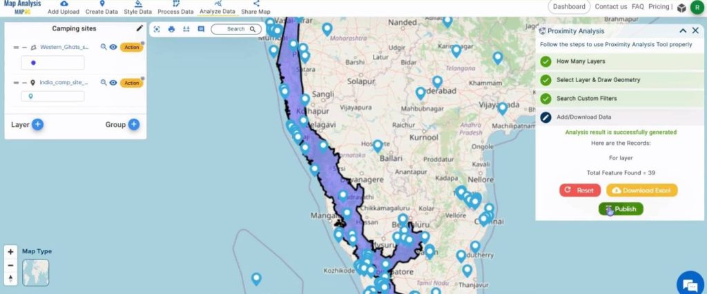 Create a map to find Camping spots in a region