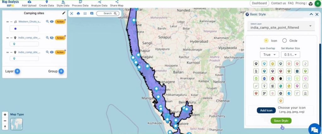 Create a map to find Camping spots in a region