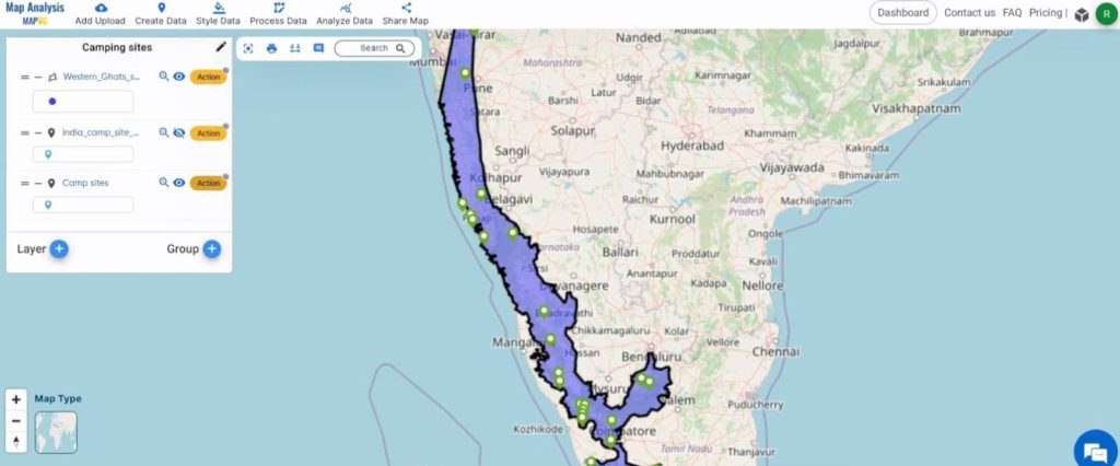 Create a map to find Camping spots in a region