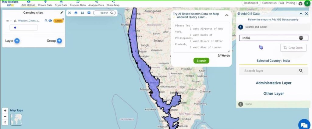 Create a map to find Camping spots in a region