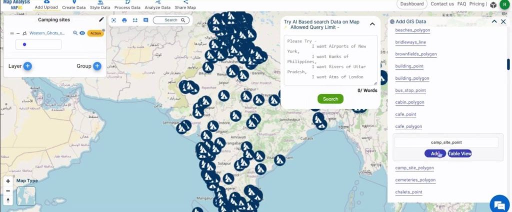 Create a map to find Camping spots in a region