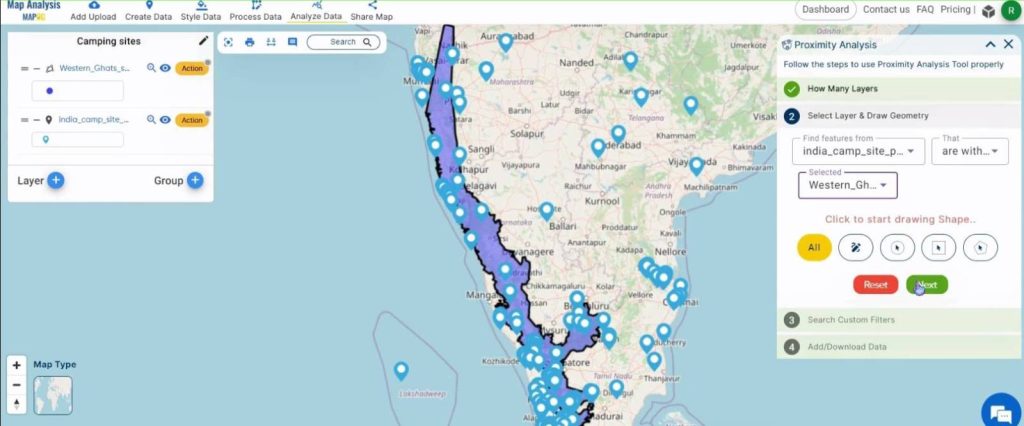 Create a map to find Camping spots in a region