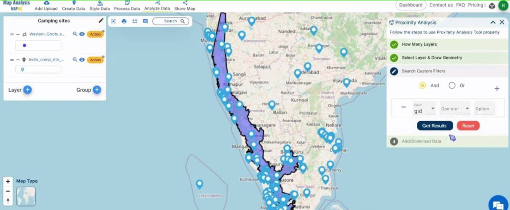 Create a map to find Camping spots in a region