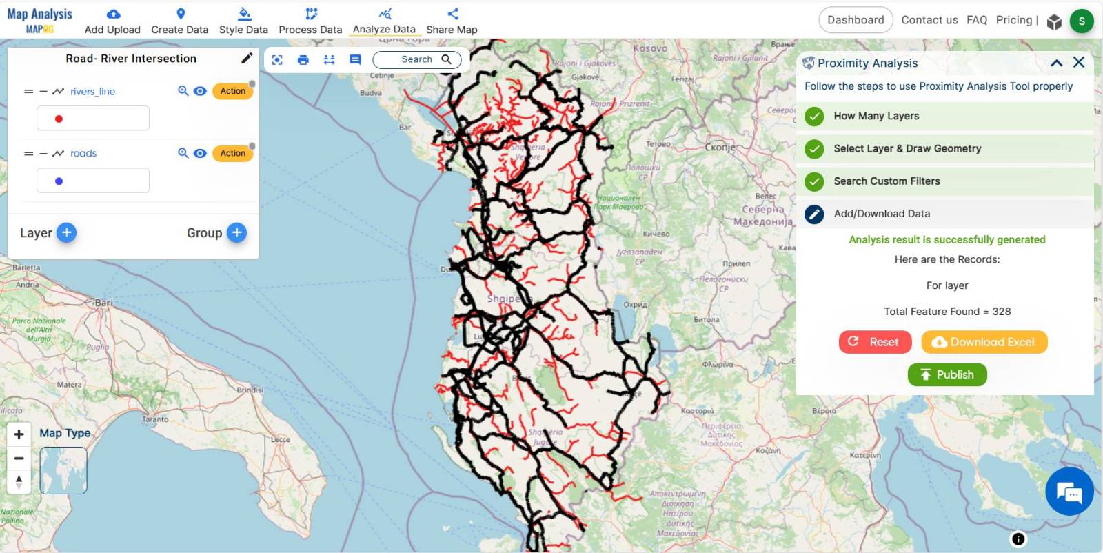 Create Map: Road-River Intersection Mapping