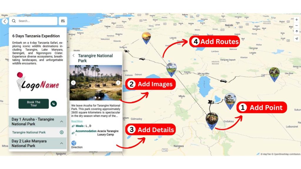 Create Interactive map, add pins, images, details and routes