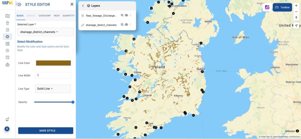 Styled map showing sewage points and brown drainage channels