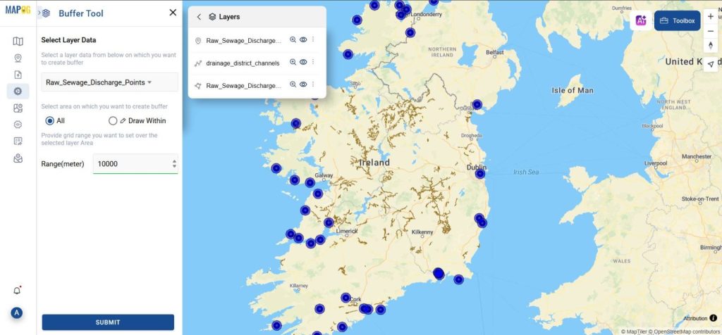 Map with 10km buffer zones around sewage discharge points, showing area of influence.