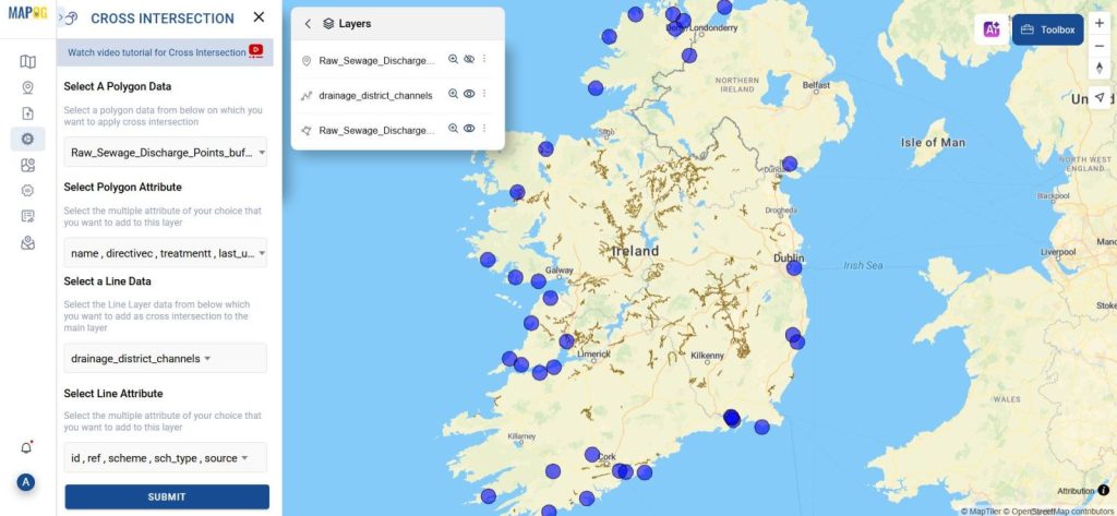 Map highlighting drain channels that intersect with 10km sewage buffers.