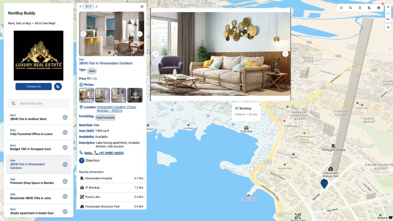 2 2 Map showing all flats, villas, and commercial listings by broker.