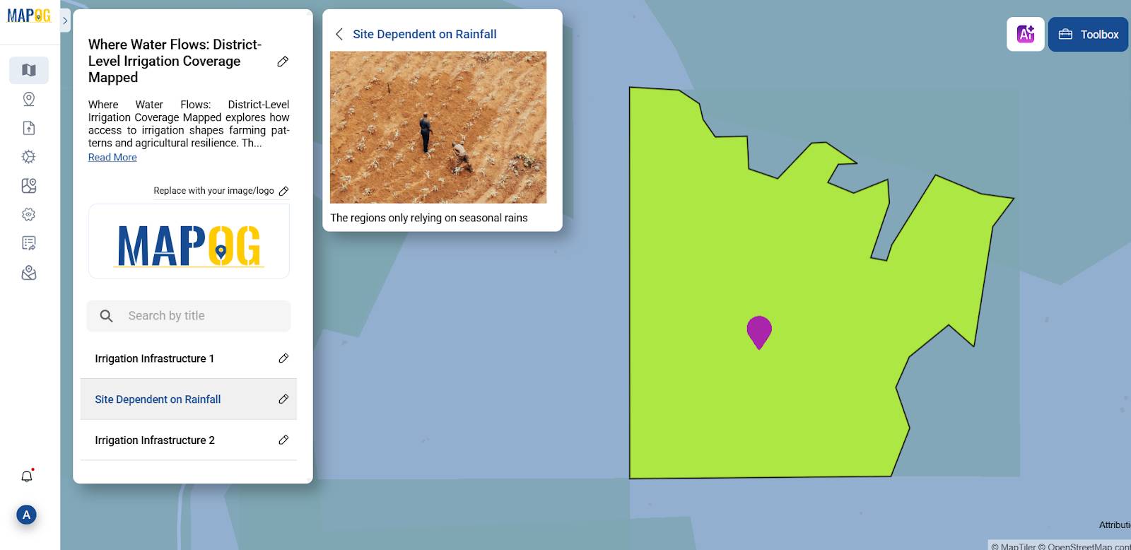 Map showcasing area's with low irrigation system