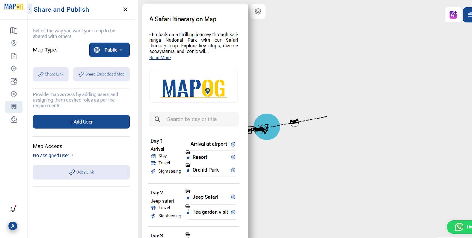 "Preview and share safari itinerary map in MAPOG using public link or embed option"