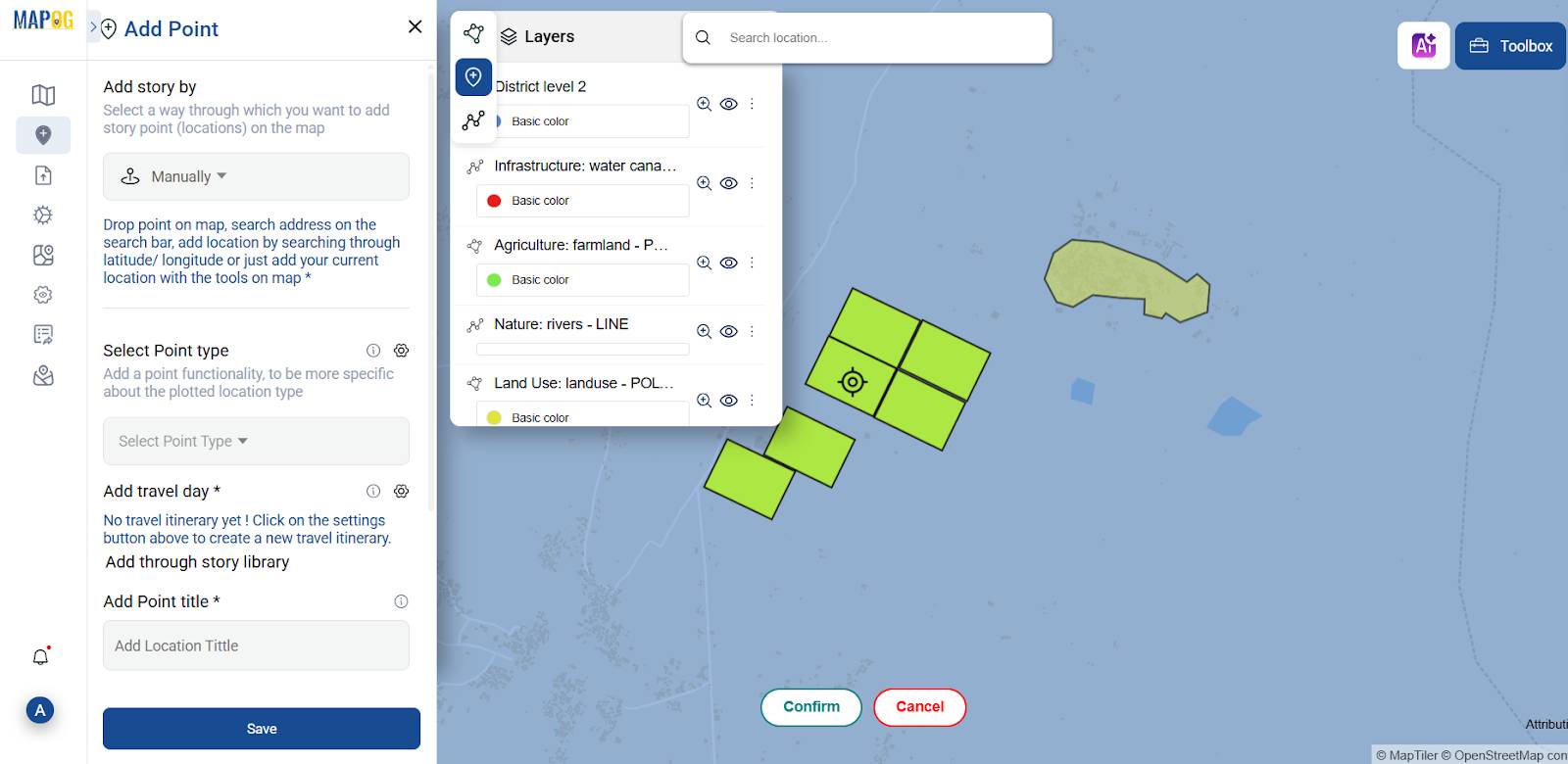 "GIS map with marked points indicating optimal locations for improving district-level irrigation coverage"