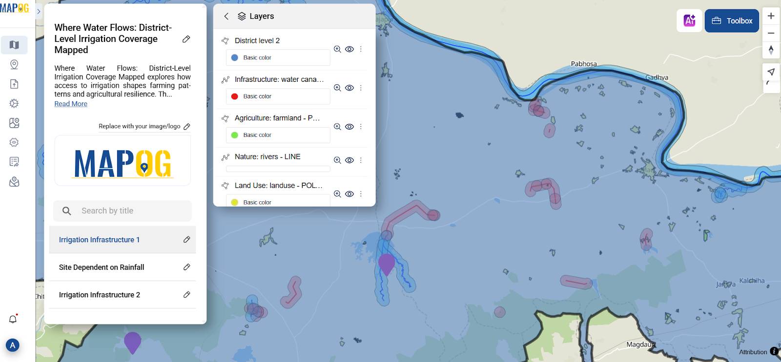GIS interface displaying base map selection and importing key layers for district-level irrigation coverage analysis