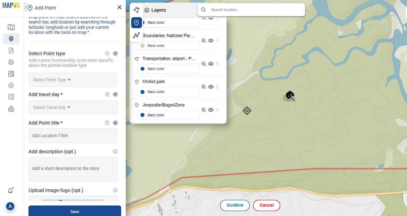 "Using Add Story to build a safari itinerary on map in MAPOG"

