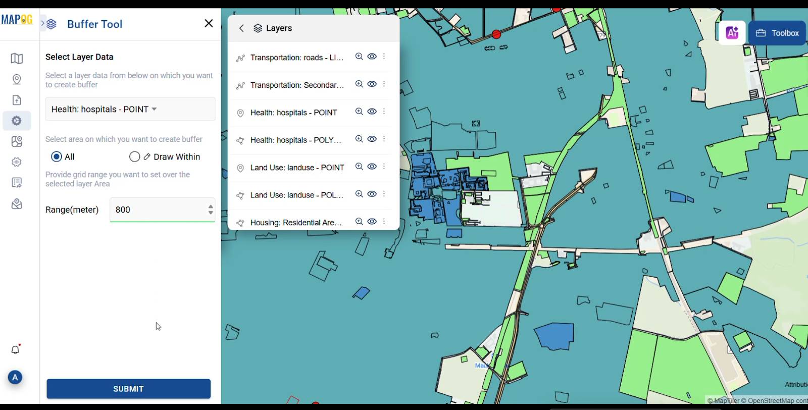Addition of buffer tool highlight the existing hospital site and location around it .