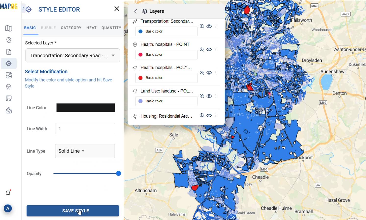 Styling the layers using style editor to make the map look more interactive and clearer.