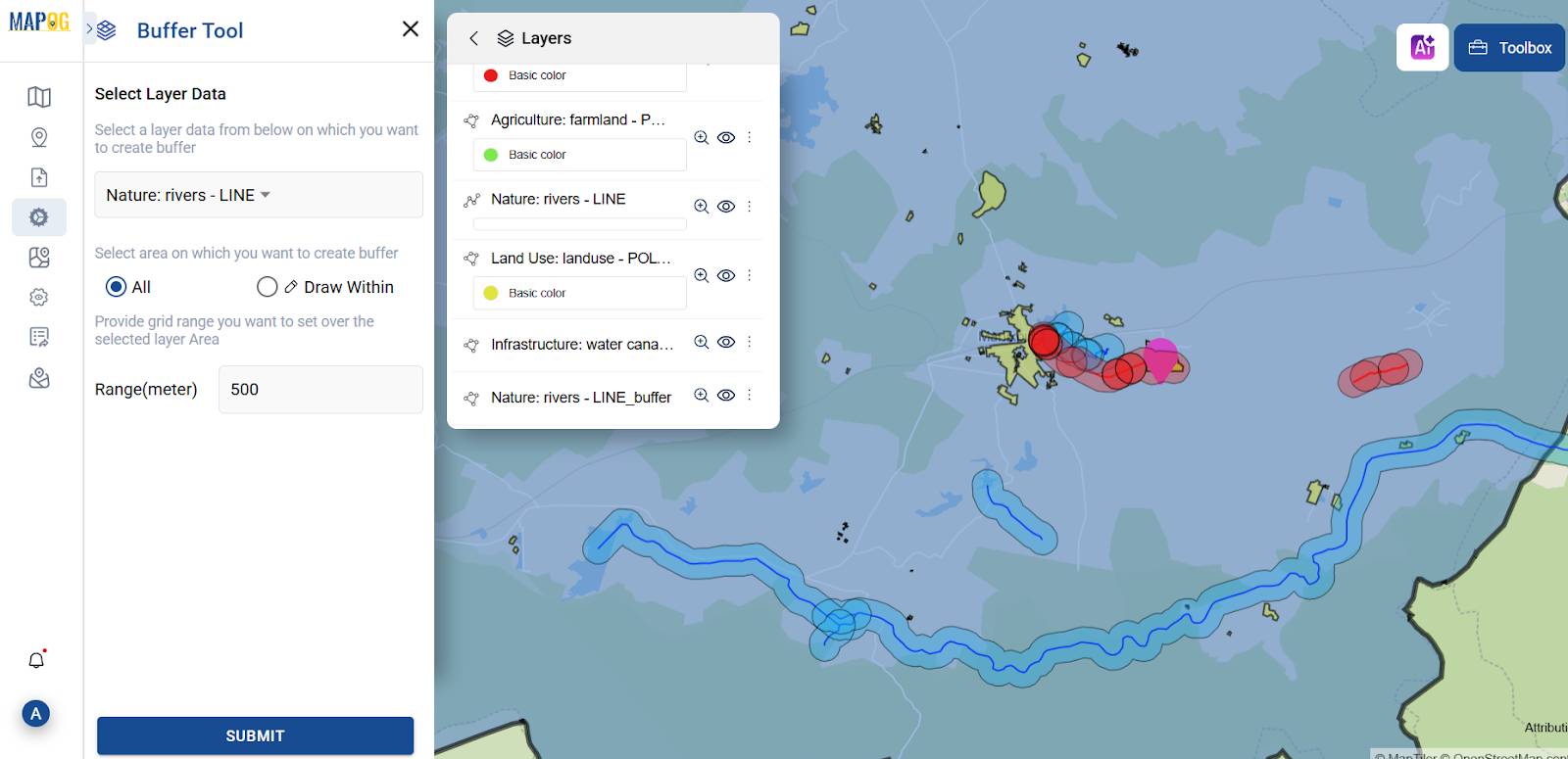 "GIS buffer zones drawn around canals and water sources to assess district-level irrigation coverage gaps"