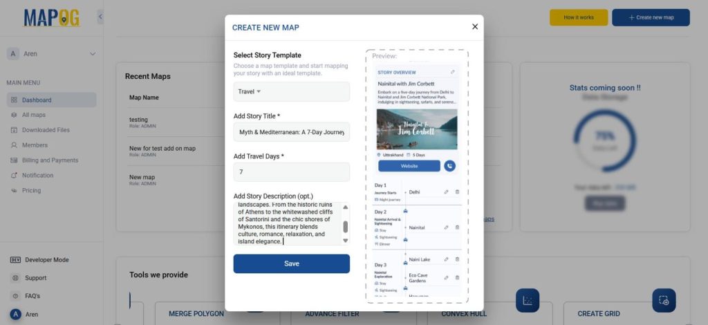 MAPOG homepage showing the option to create a new travel story.