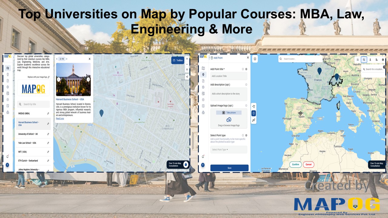 “Visual map showcasing top universities categorized by popular courses such as MBA, Law, Engineering, and more”