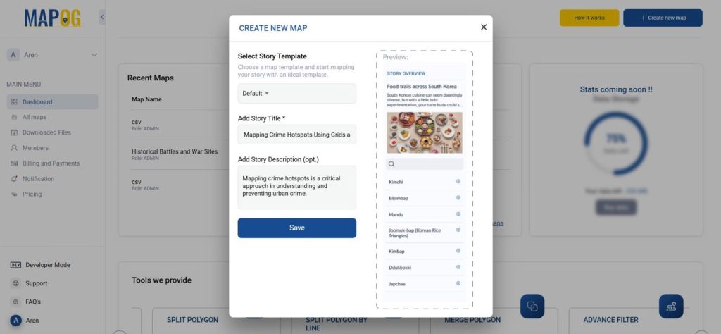 MAPOG interface with the ‘Create New Map’ button selected and project details for Mapping Crime Hotspots