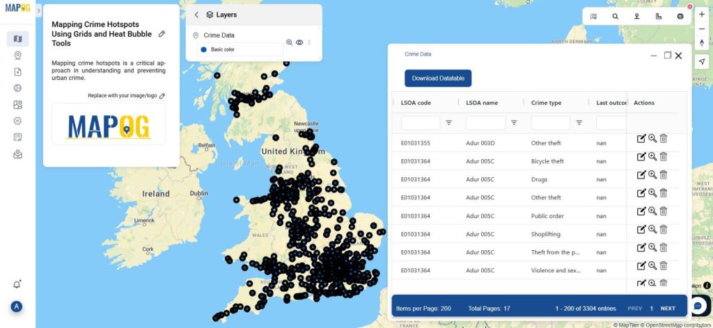 uploaded CSV data with crime points displayed across the regional map in MAPOG.