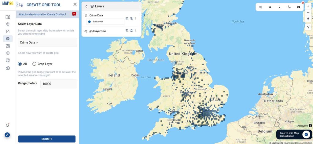 gridded map layout created with MAPOG’s grid tool highlighting crime clusters.