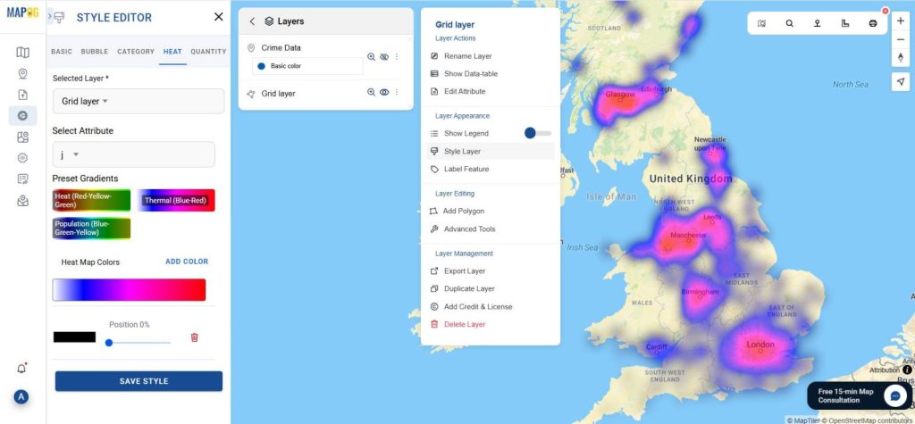 MAPOG map with heat styles applied, showing crime intensities across neighborhoods.