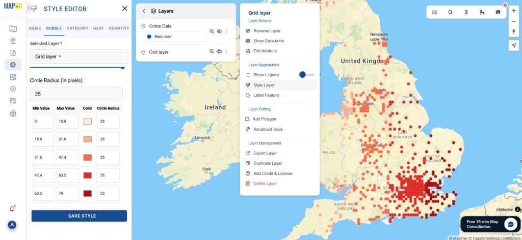 MAPOG map with bubble styles applied, showing crime intensities across neighborhoods.