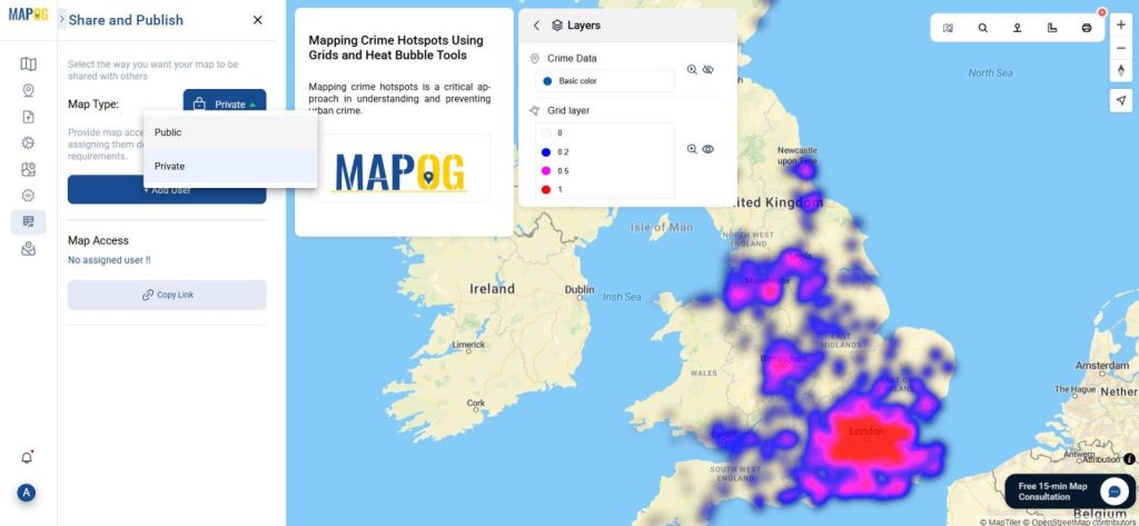 MAPOG preview screen and sharing options with a completed crime hotspot map.
