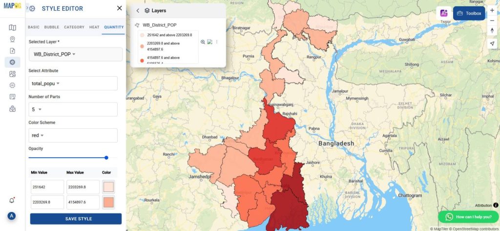 Style editor showing quantity-based color gradient for population density