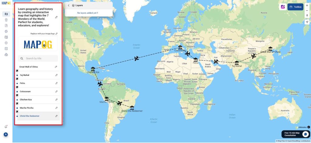 Interactive map that highlights the 7 Wonders of the World.
