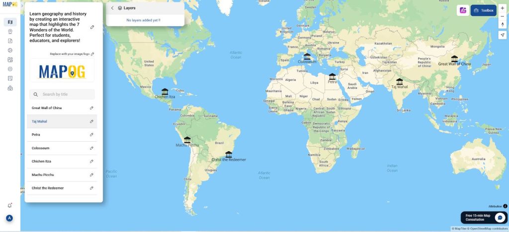 Interactive map that highlights the 7 Wonders of the World.
