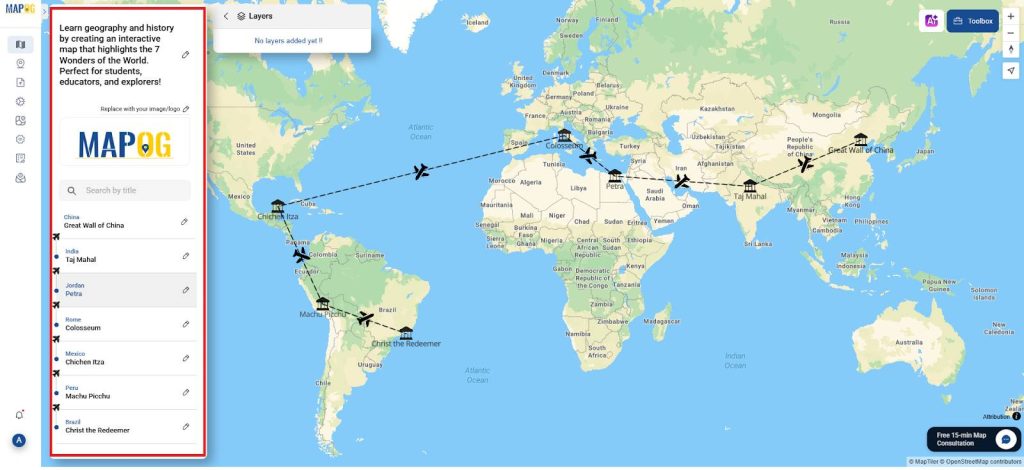 Interactive map that highlights the 7 Wonders of the World.
