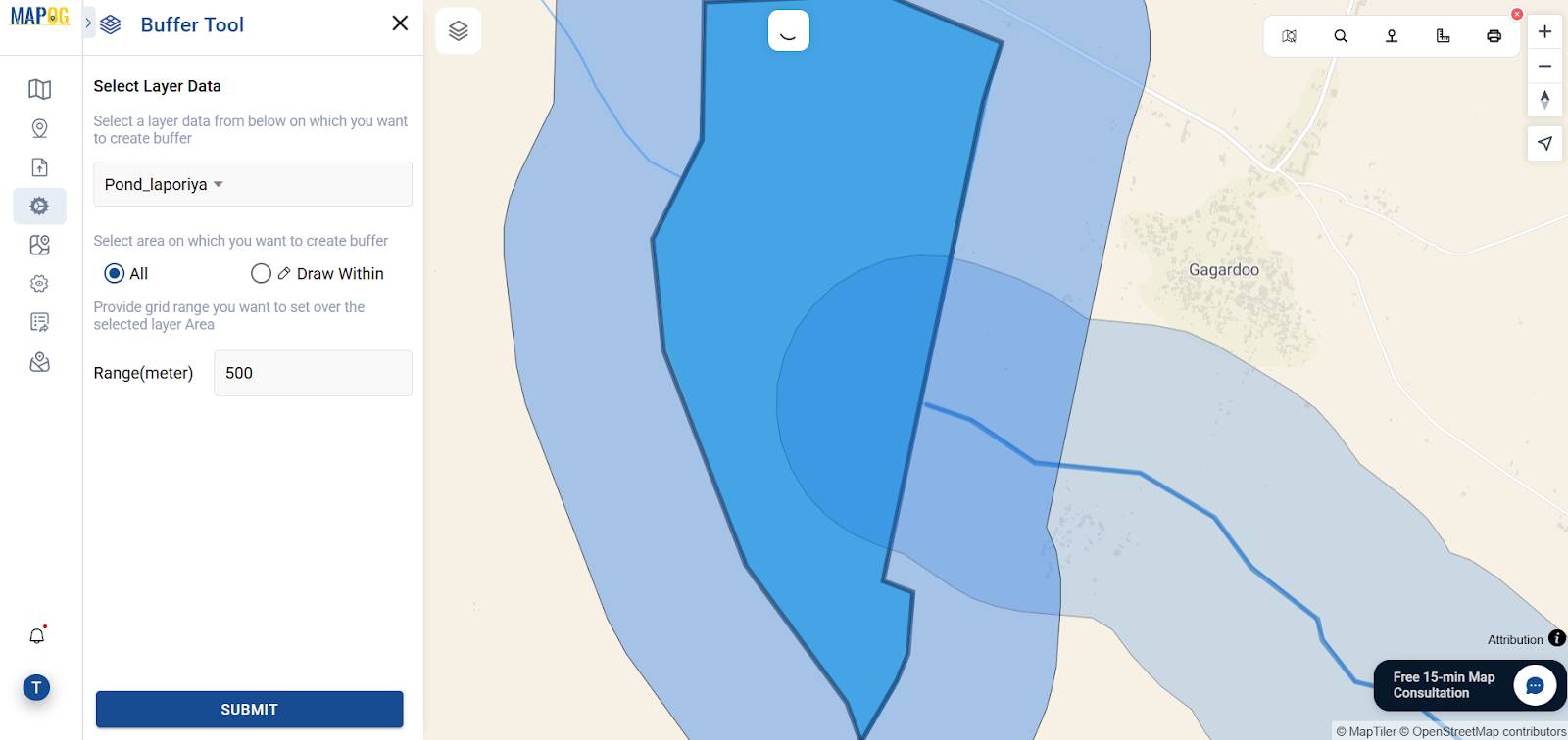 “Creating a 500-meter buffer zone around water sources on a GIS map for spatial analysis.”