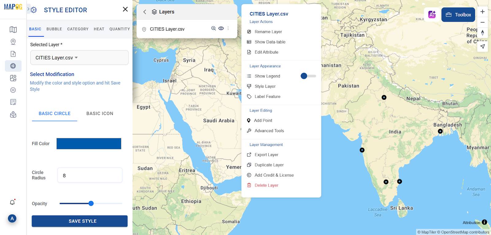 "Uploading CSV to MAPOG interface" add and Visualize Data on the Map