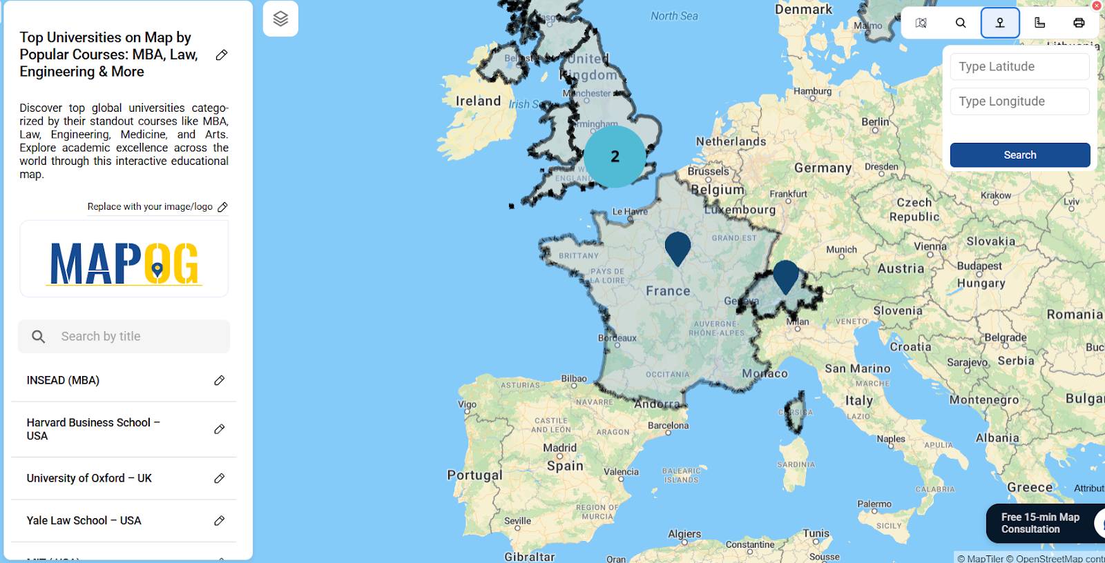 “Search universities by address or latitude-longitude coordinates on the map interface”